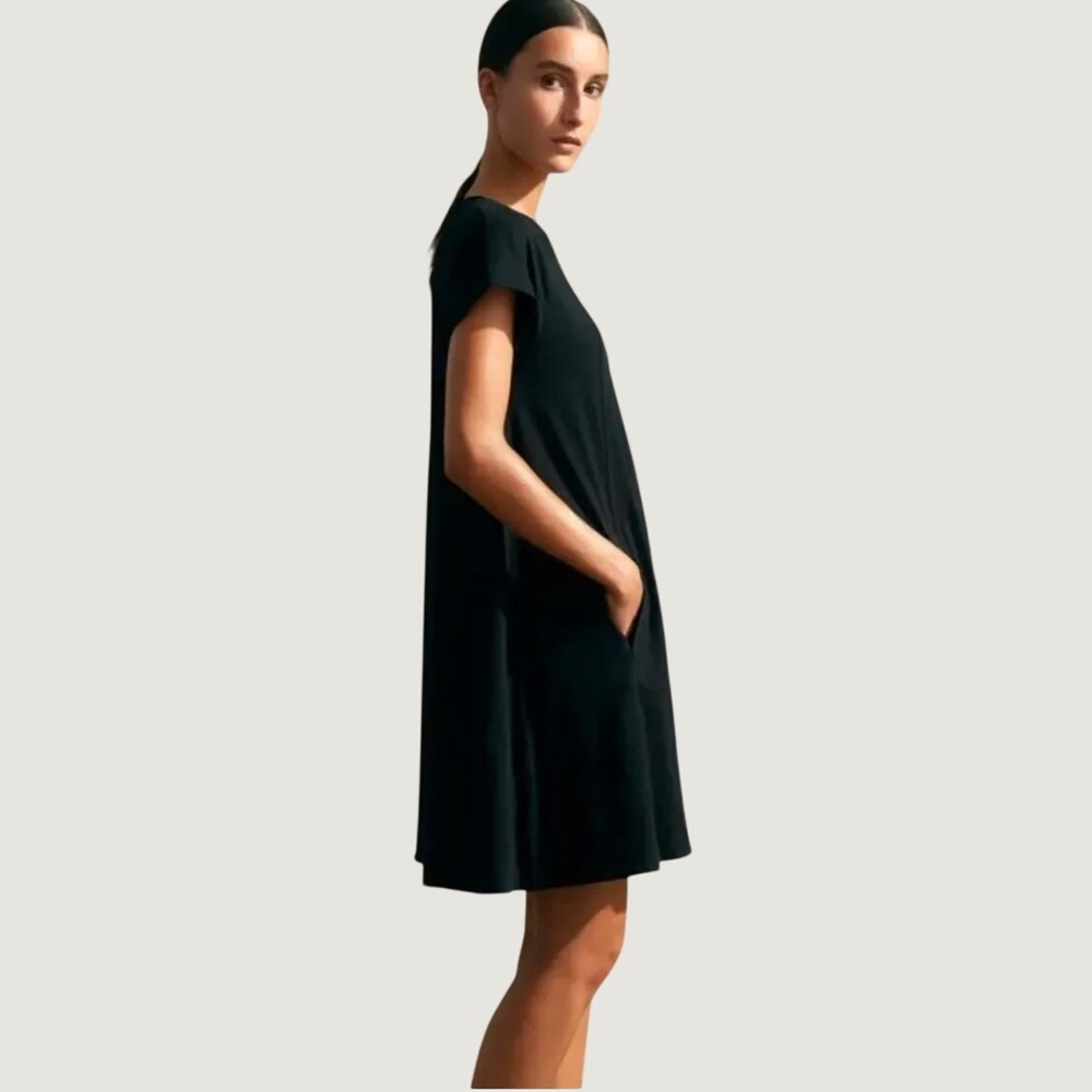 ME+EM Short Sleeve Swing Dress Size 4 Black Cotton Jersey Cap Sleeve A-Line